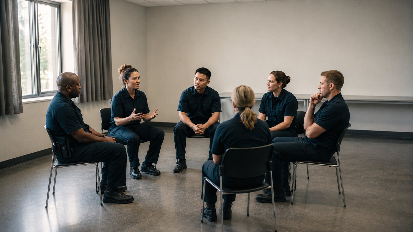 A structured peer-support circle of public-safety professionals in plain uniforms, a facilitator guiding the conversation